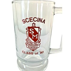 Scecina Memorial Beer Mug Class of '90 Vintage Glass Stein Clear Red Graphic